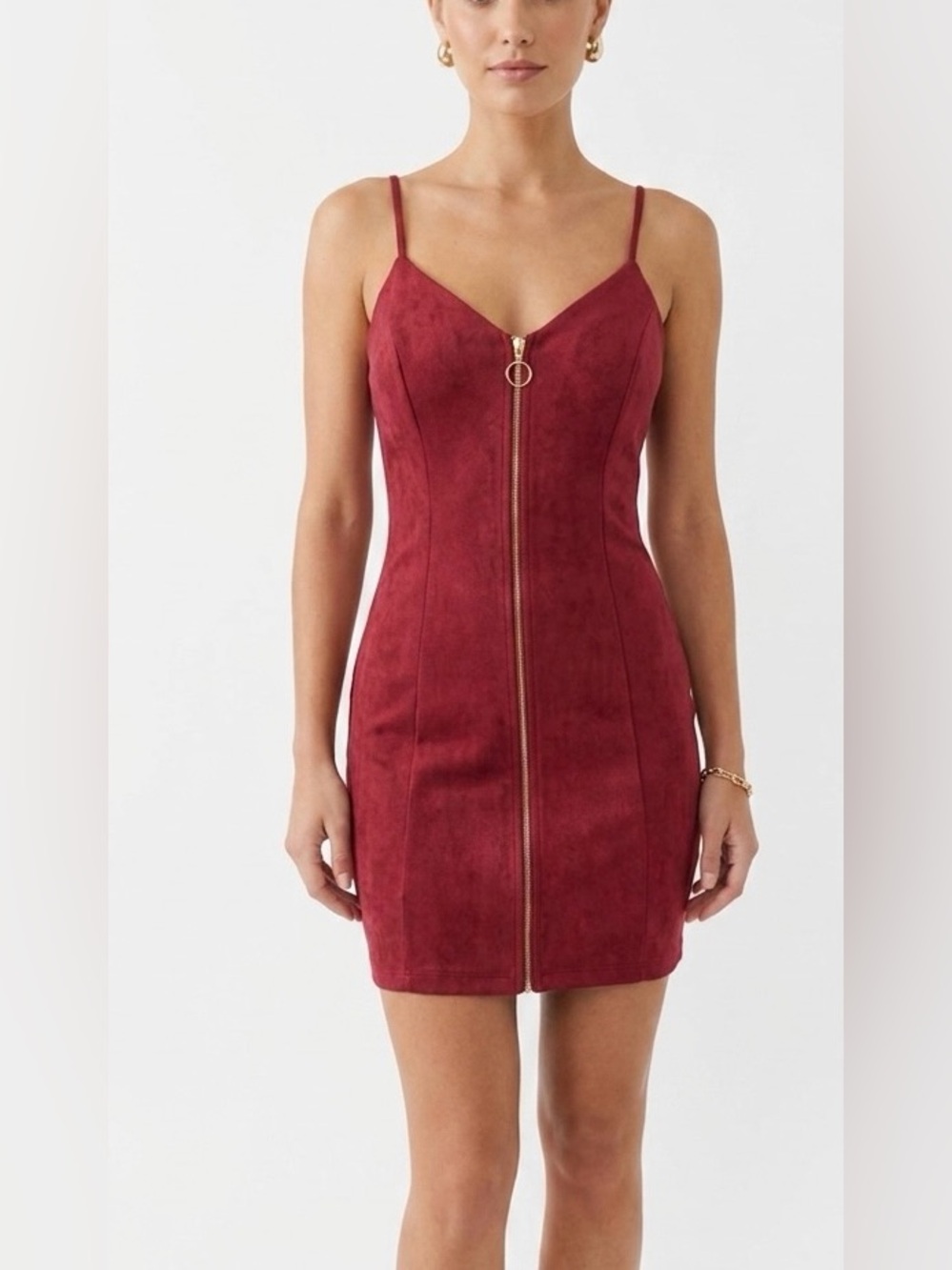 iris Burgundy Zip-Front Suede-Look Mini Dress